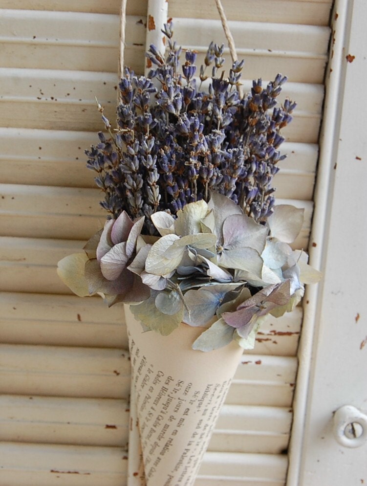 Vintage French Book Cone with Dried French Lavender and Hydrangea
