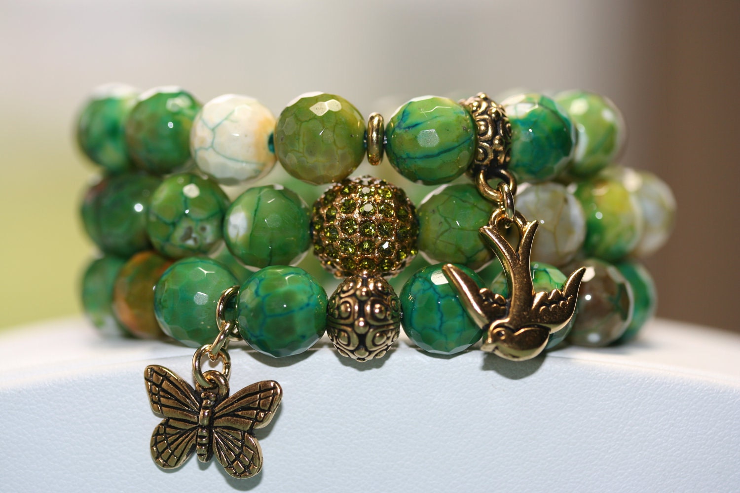 Crab Green Yellow Agate Gemstone Bracelets - Set of 3