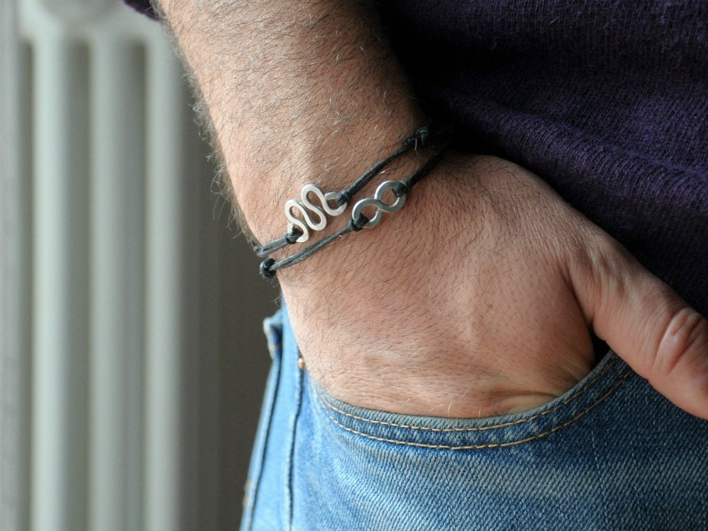 Two Bracelets for Him - Aluminium wire and black waxed cotton - Men and Unisex - Vegan friendly