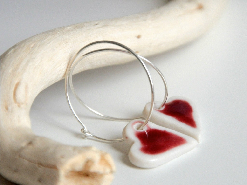 Red Hearts Earrings - Sterling Silver Hoops, Porcelain Clay Crimson Hearts - Last pair