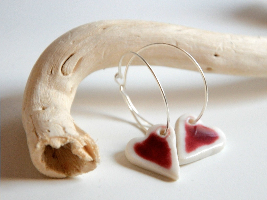 Red Hearts Earrings - Sterling Silver Hoops, Porcelain Clay Crimson Hearts - Last pair