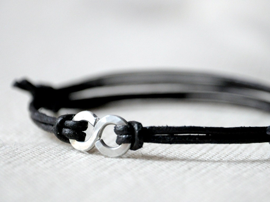 For Him Infinity Bracelet - Black Leather and Aluminium wire - Men and Unisex bracelet - Made to Order