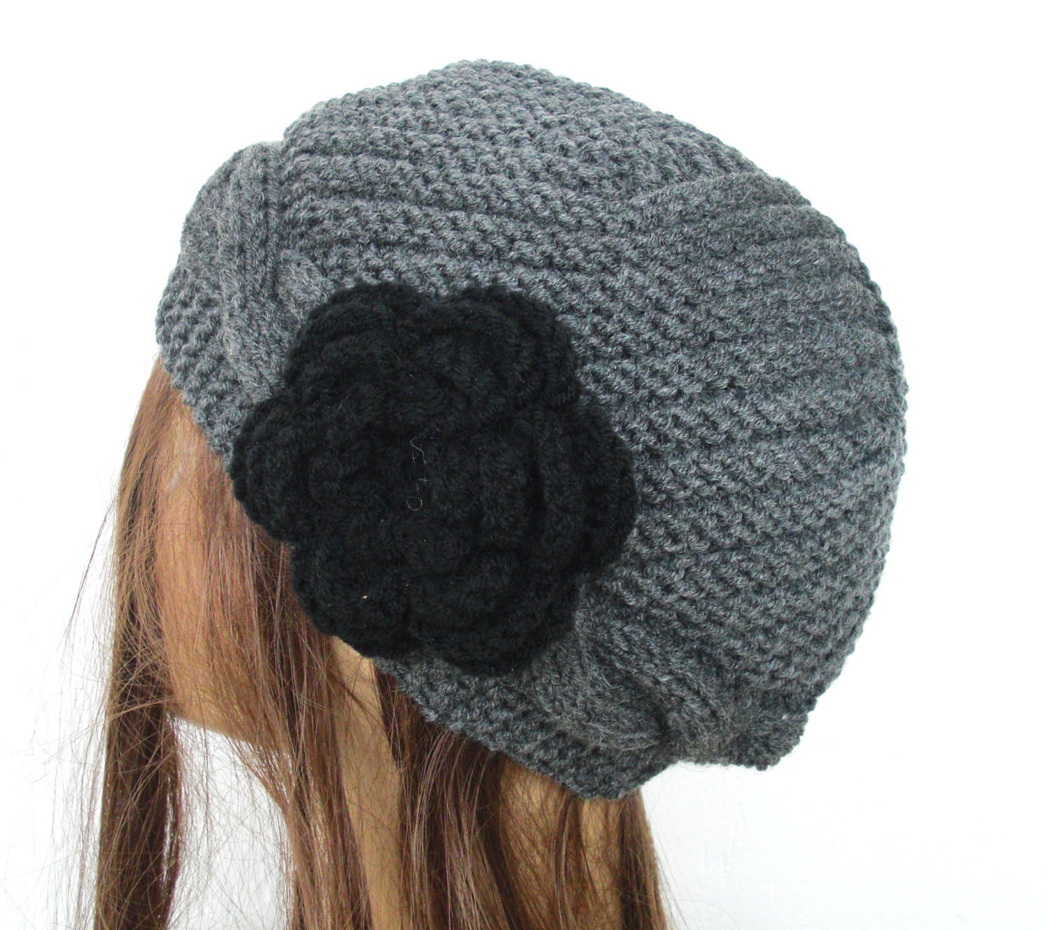 Hand Knit  hat-Cable knit hat-  Womens  hat   Charcoal Gray  with  black  flower Fall autumn winter accessories Christmas Holiday Fashion