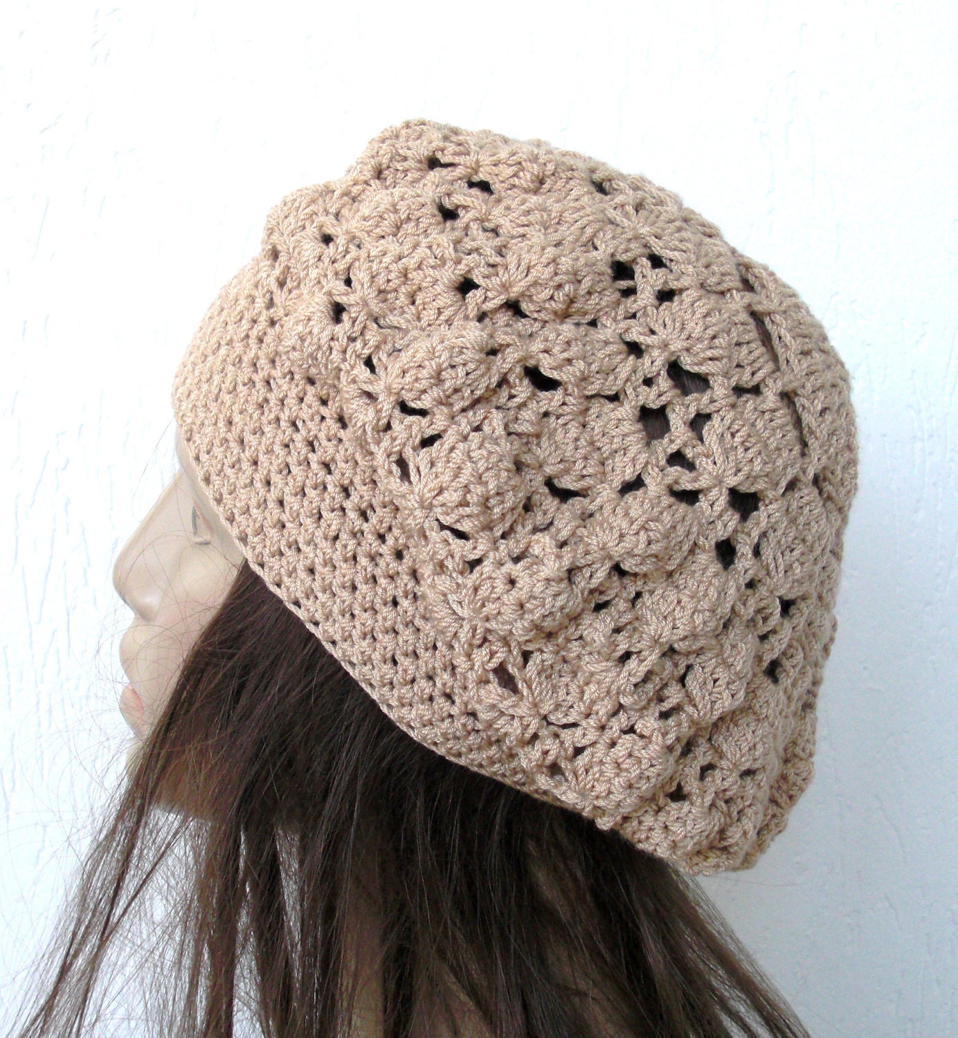 Spring Fashion - Womans Crochet Hat - Summer  Pastel  Fashion -  beret beige Cotton  womens hat Slouchy  Beanie   mothers day  Accessories
