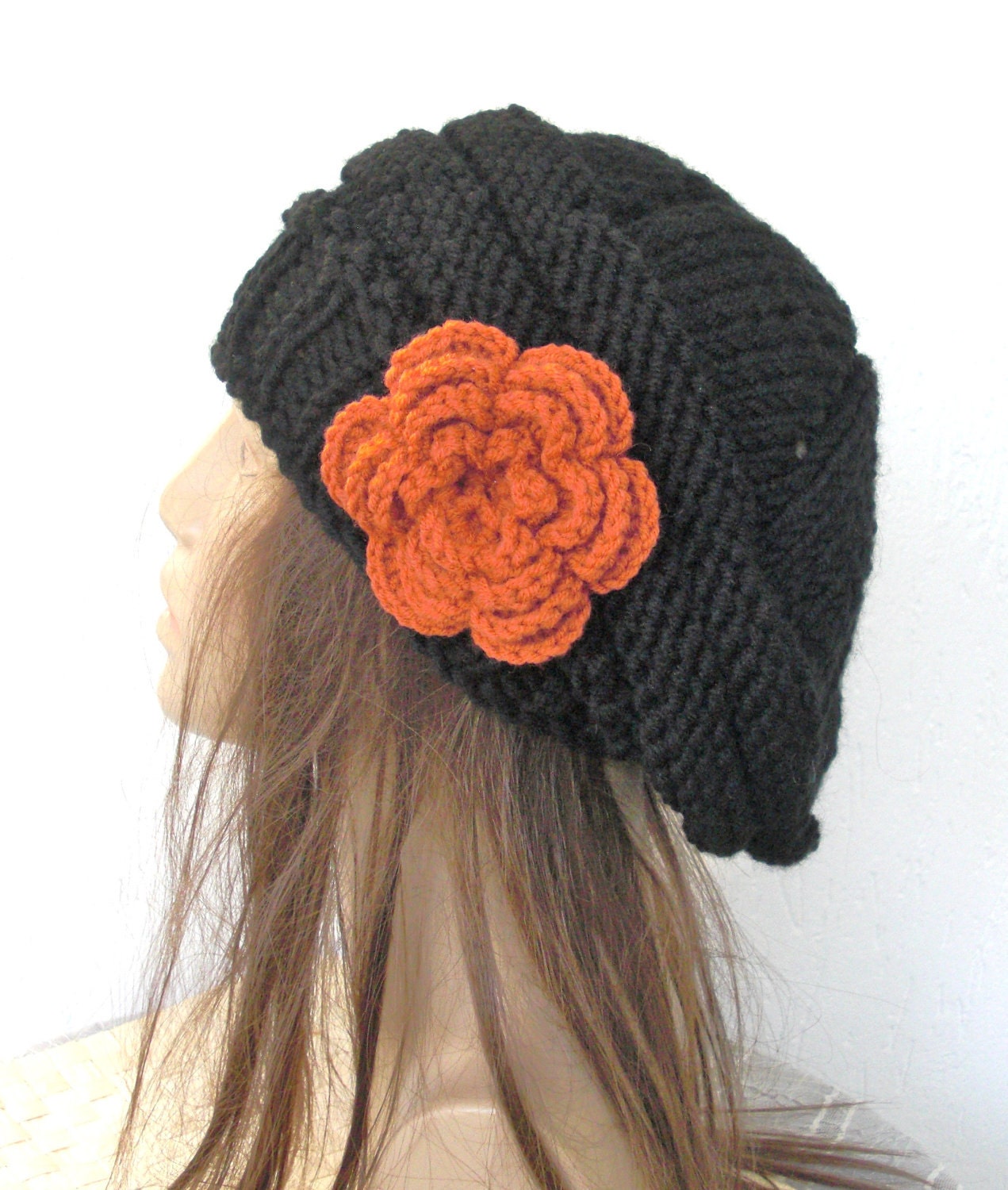 Hand Knit Hat- Slouchy Hat   in  Black  with pumpkin   flower -   womens hat  Slouchy  Winter Accessories Valentines day beret fall autumn