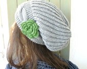 Hand Knit Hat- Womens hat - chunky knit Slouchy Beanie  Slouch  Hat Flower  Winter Accessories knitted beret silver gray Autumn Fashion