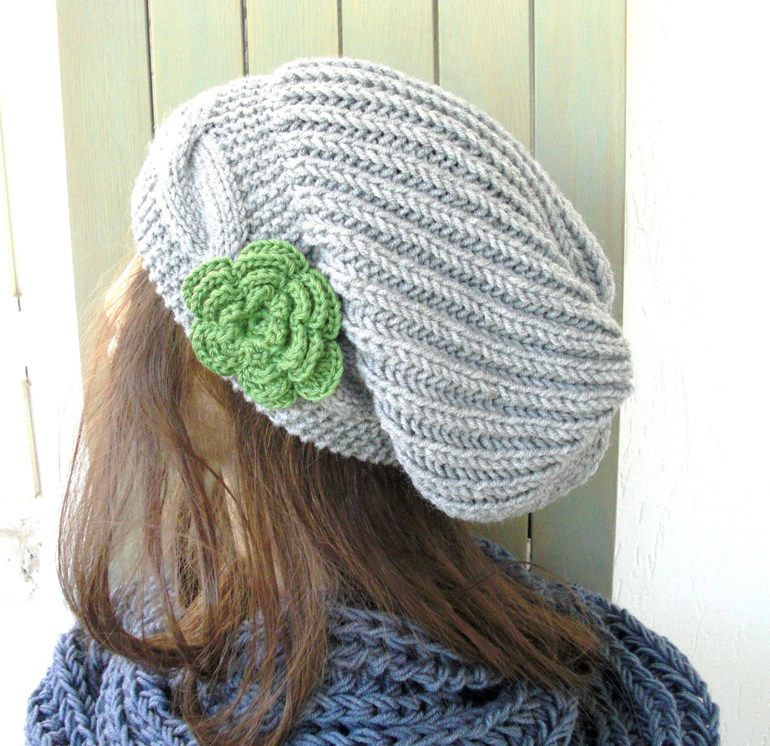 Hand Knit Hat- Womens hat - chunky knit Slouchy Beanie  Slouch  Hat Flower  Winter Accessories knitted beret silver gray Autumn Fashion
