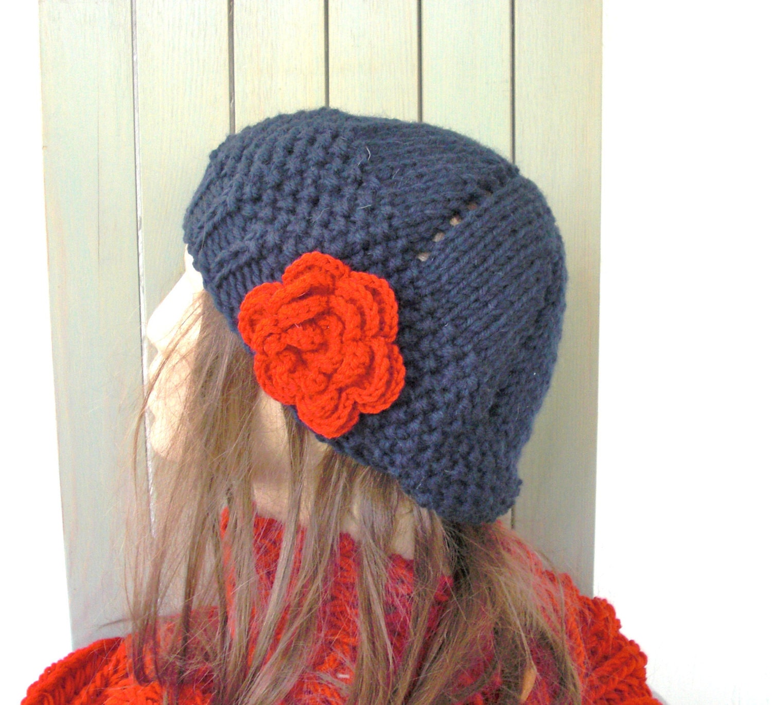 Hand Knit Hat - Womens hat- beret  Navy Blue with red  flower- womens Slouch Beanie    Fashion gifts  Winter Accessories hat fashion tam