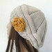 Hand Knit Hat - chunky knit Beehive beret Oatmeal mustard flower- womens hat Slouch Beanie