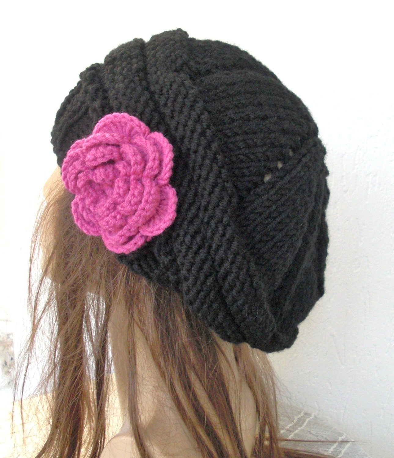 Hand Knit Hat- Womens Hat- Slouchy Hat in Black fuschia flower - Slouch beret-Fashion Winter Accessories fall autumn