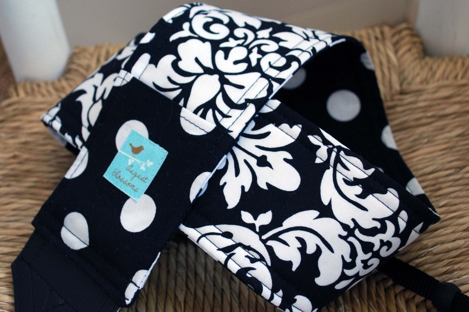 Camera Strap Black and White Damask and Dot Reversible Lens Cap Pocket