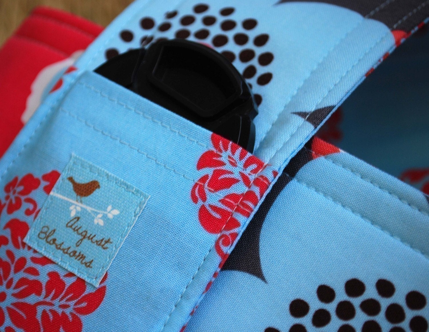 Camera Strap Reversible Lens Cap Pocket Blue and Coral Woodland Bloom
