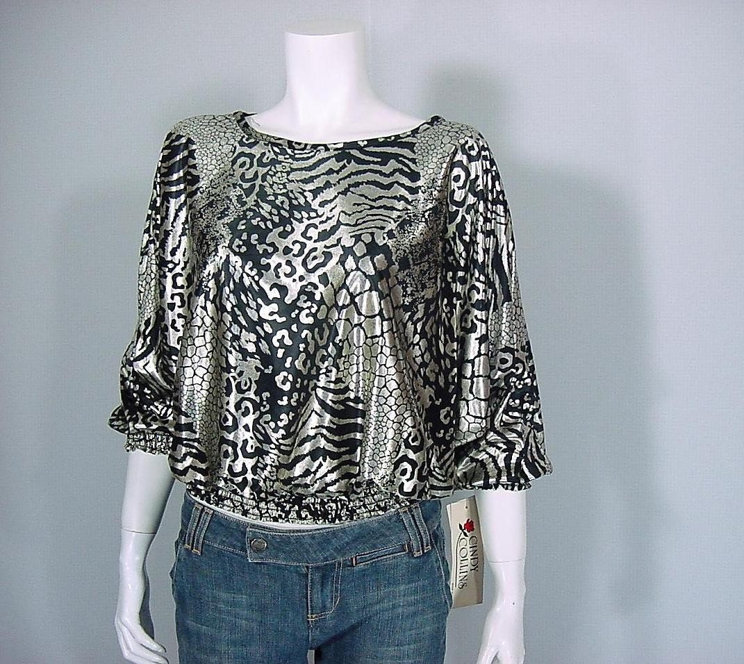 Vintage 1980s Liquid Silver Animal Print Cropped Bat Wing Blouse (m-l)