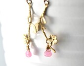Gold Plated Branch, Pink Jade, and Gold Filled Dangle Earrings