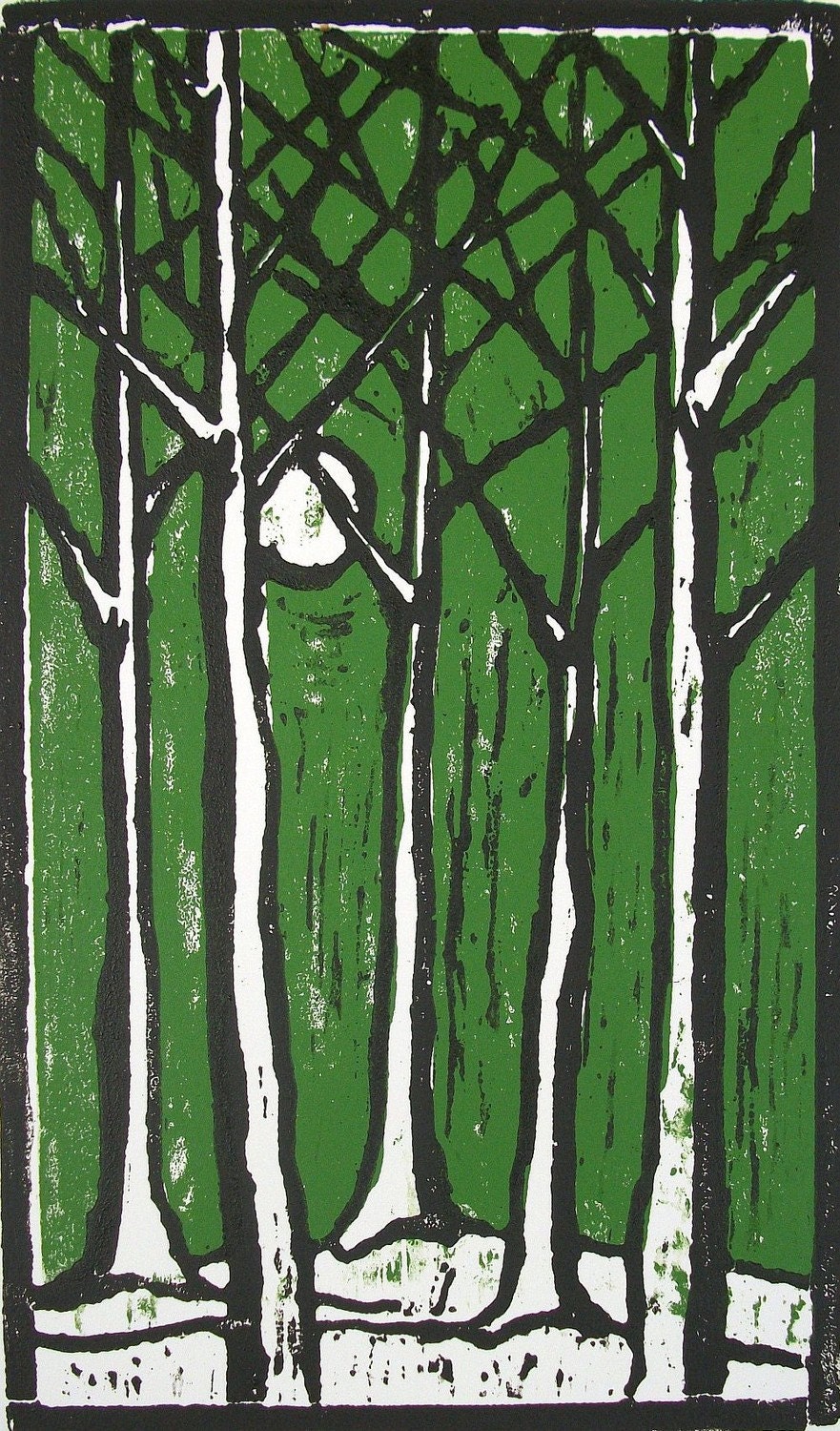 Trees with Moon Limited Edition Woodblock/ Woodcut Print in Moss Green, Hand Pulled Print