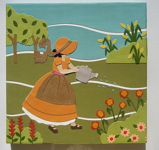 Original Modern Retro Collage Art on Canvas - Nursery Rhyme - Mary, Mary Quite Contrary -10x10