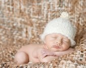 Fluffy Cream Beanie with Oatmeal Pom Pom - newborn photo prop