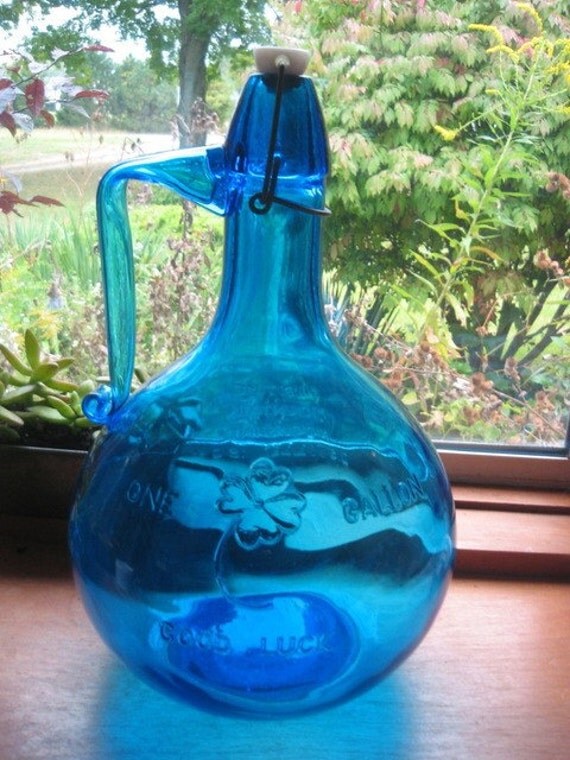 vintage blue glass one gallon jug for good by crabvilleinautumn