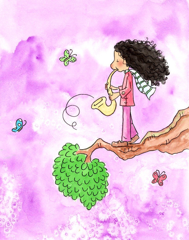 Brunette Girl Playing Saxaphone - PLAY IT AGAIN - 5x7 Art Print
