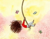 African American Girl on Swing - Long Curly Hair  - SWINGING WITH BUTTERFLIES -  5x7 Art Print - Children