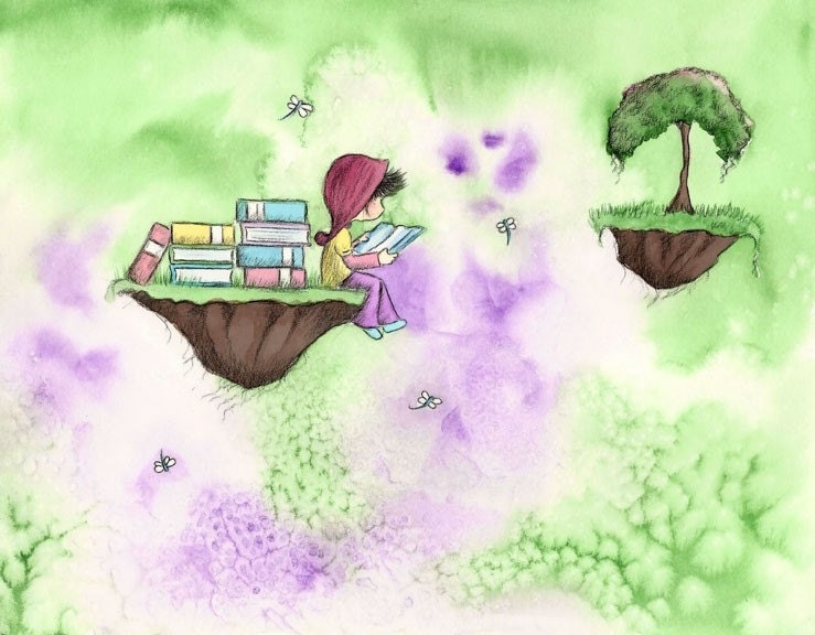 Brunette Girl Reading Books with Dragonflies - The GIRL Who LIKED To READ  - 8x10 Art Print