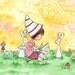 Brunette Girl with Bunnies and Mushrooms - KNITTING GIRL - 5x7 Art Print Children