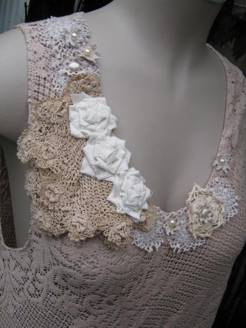Vintage Kitty.. Lily Hannah..  tea dyed ecru.. upcycled lacey TUNIC vintage doilies.. super cute.. .. MED - XL
