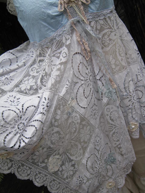shabby chic..  tunic dress..ice blues, mermaid, Vintage Kitty.. antique lace and roses.. beach wedding.. LARGE - XL