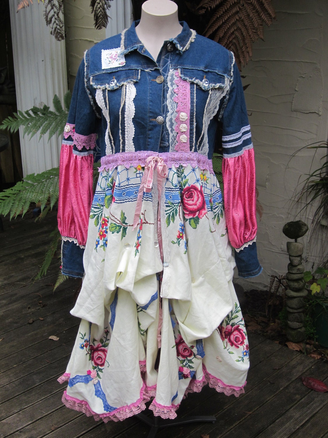reserved for MARLA... romantic STEAMPUNK Vintage Kitty.. one of a kind .. pink x-stitch roses, denim, lace, shabby chic, Lg - XL