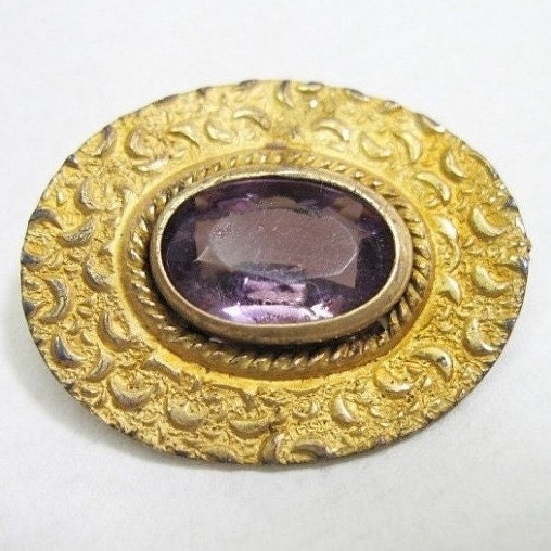 Tiny Victorian Pin Purple Amethyst Glass Gold Gilt C1880 February Birthstone