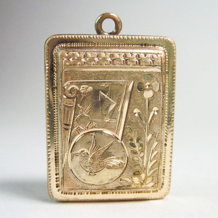 Antique Victorian Locket Bird Flowers Checkerboard Front Back Design Rolled Gold Hidden Compartment C1870s