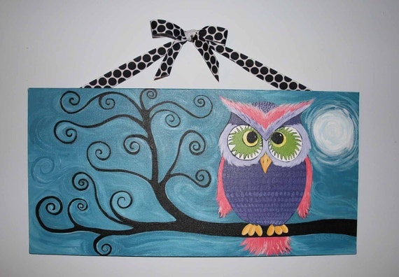Whimsical Owl Painting in a Tree Original on Canvas Board