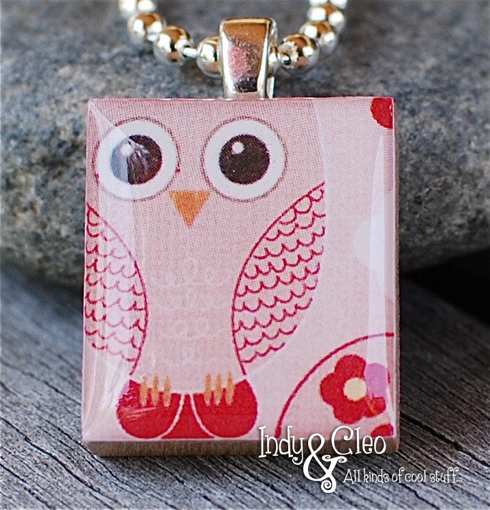 Lil' RED HOOT OWL Kids Handmade Scrabble Tile Art Pendant Charm Jewelry Necklace
