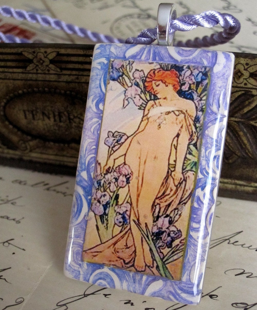Alphonse Mucha Polymer Clay Necklace Art Nouveau - Iris