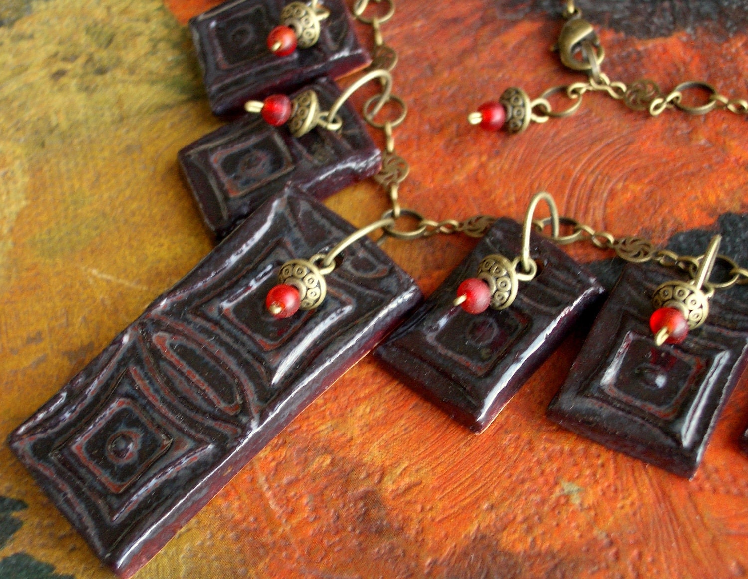 Ceramic Pendant and Antiqued Brass Necklace