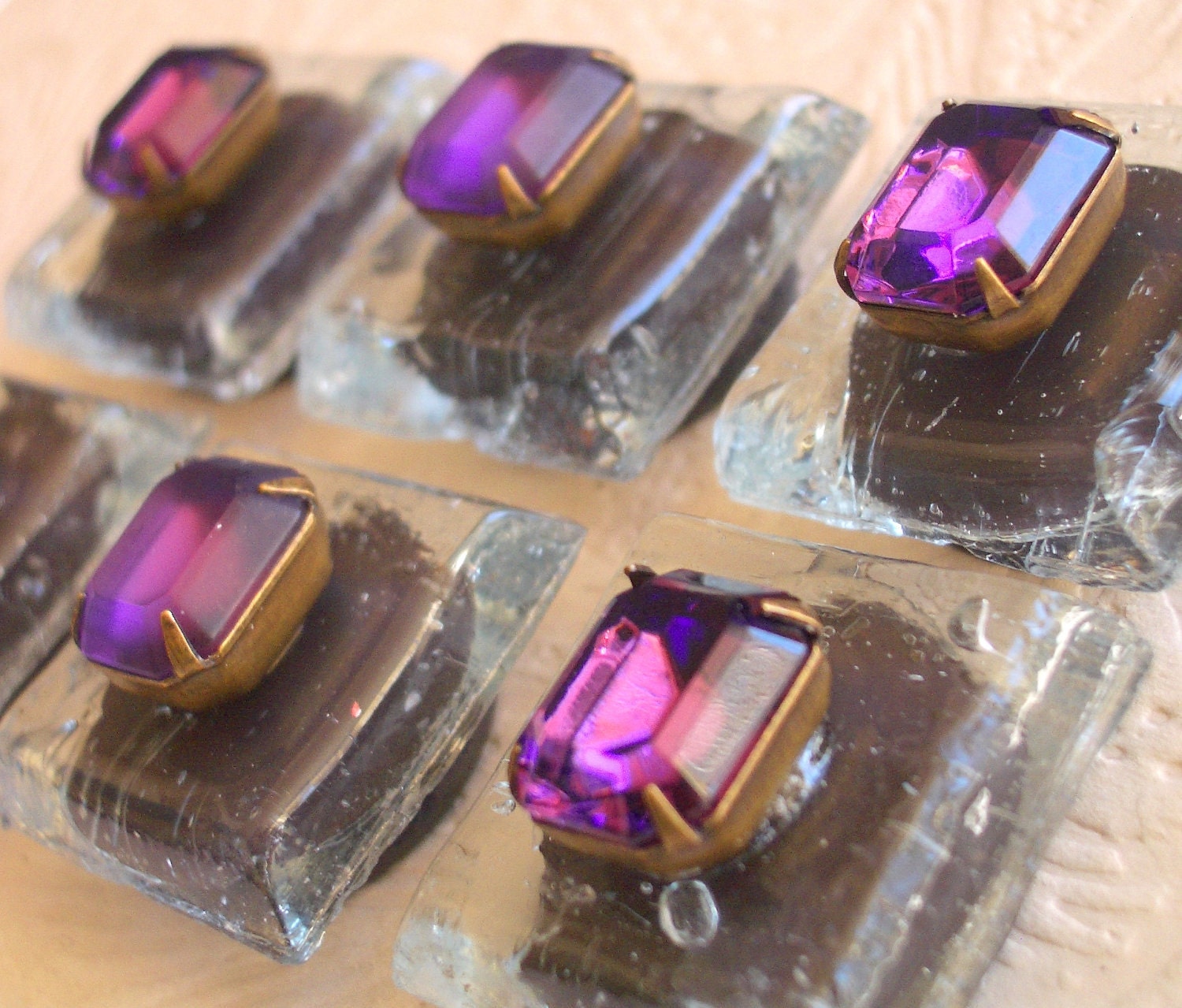 Fridge Bling -- Upcycled Glass Tiles and Swarovski Crystal Magnets, Clear and Purple
