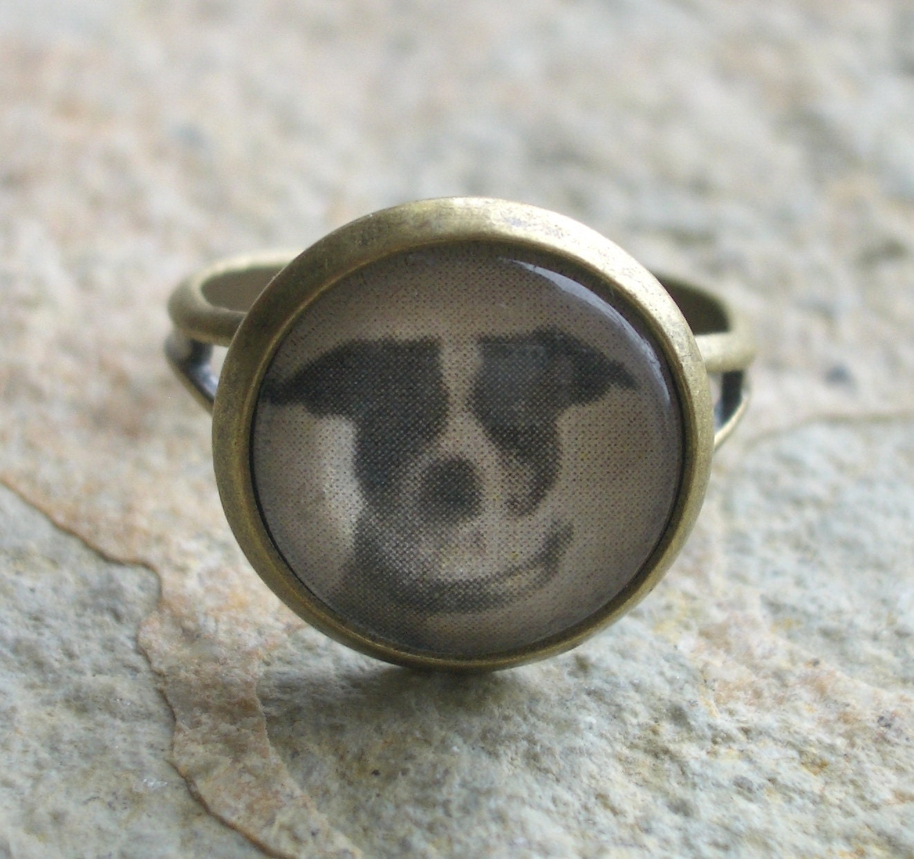 Antiqued Brass Ring with an Vintage Terrier Dog Photo