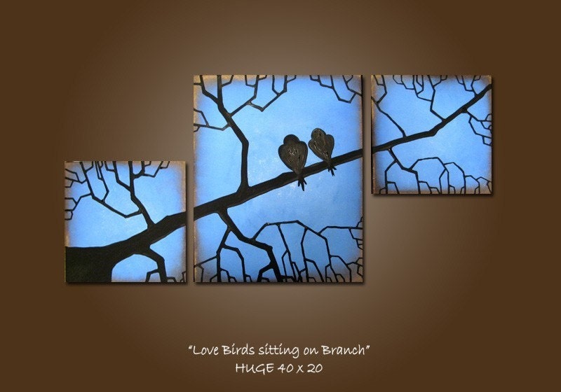 CUSTOM - Original Large abstract Modern Contemporary love birds tree branch painting by Shanna - HUGE 40 x 20 - Love Birds Sitting on Branch