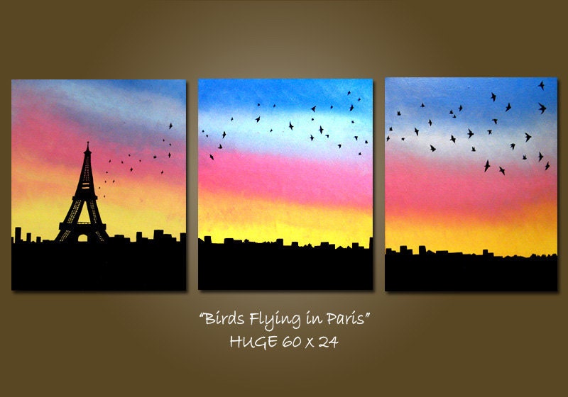 SaLe ORIGINAL Large Modern Fine Art Contemporary PAINTING by Shanna - HUGE 60 x 24 - Birds Flying in Paris