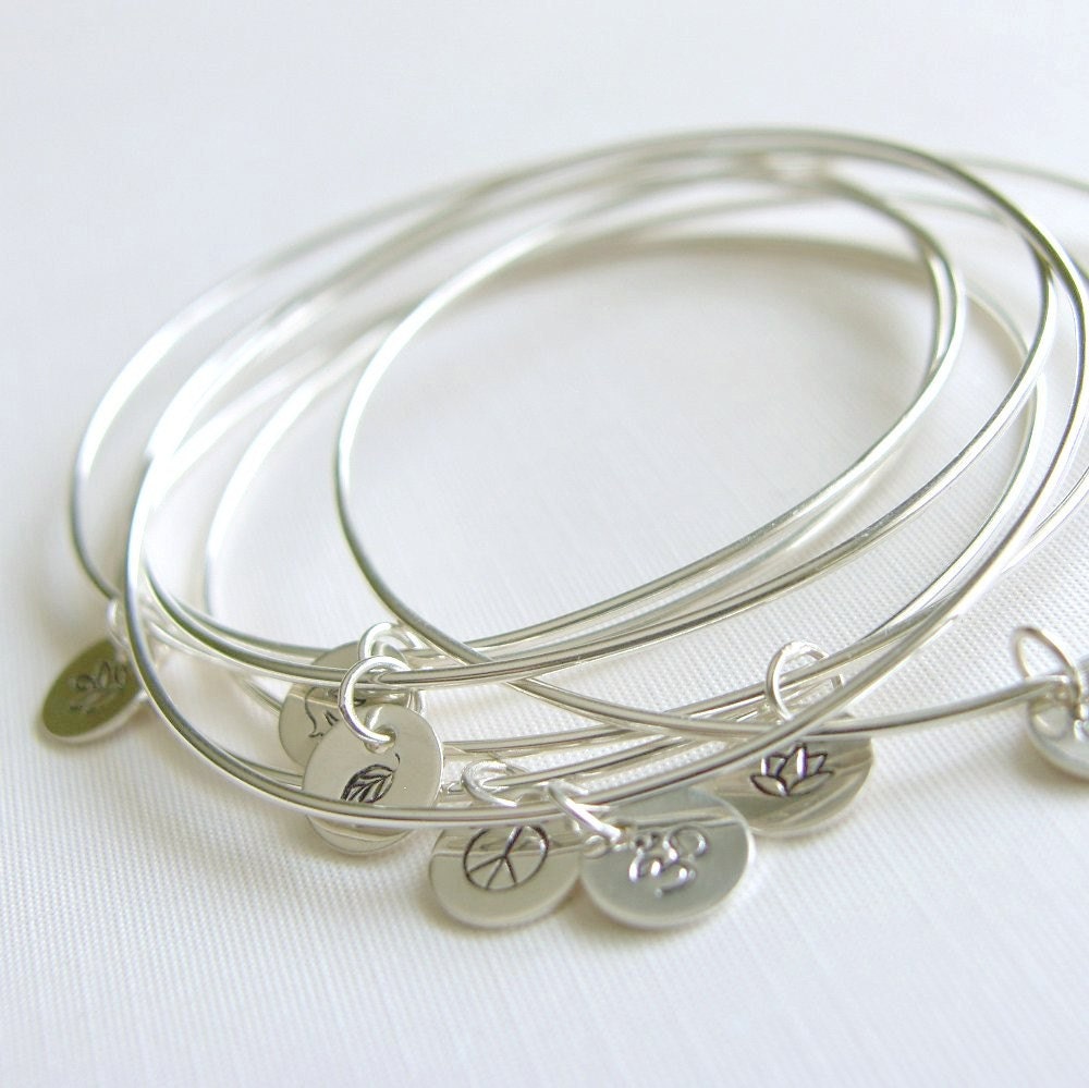 Bangles Sterling Silver with Stamped Charm  - Set of Seven