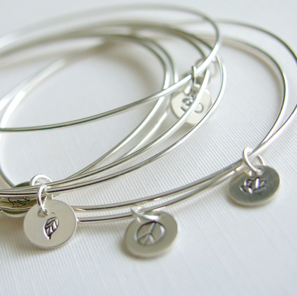 Bangles Sterling Silver Bracelets with Stamped Charm Set of Three Stacking Bangles