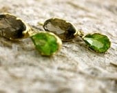 Handmade Dangle Earrings with Teardrop Olive Green Peridot & Smoky Quartz in 14K Yellow Gold Baskets with Scrolls