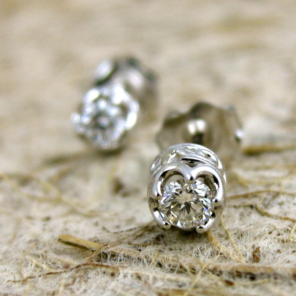 Handmade Round Diamond Stud Earrings in 14K White Gold with Scrolls on Custom Made Baskets