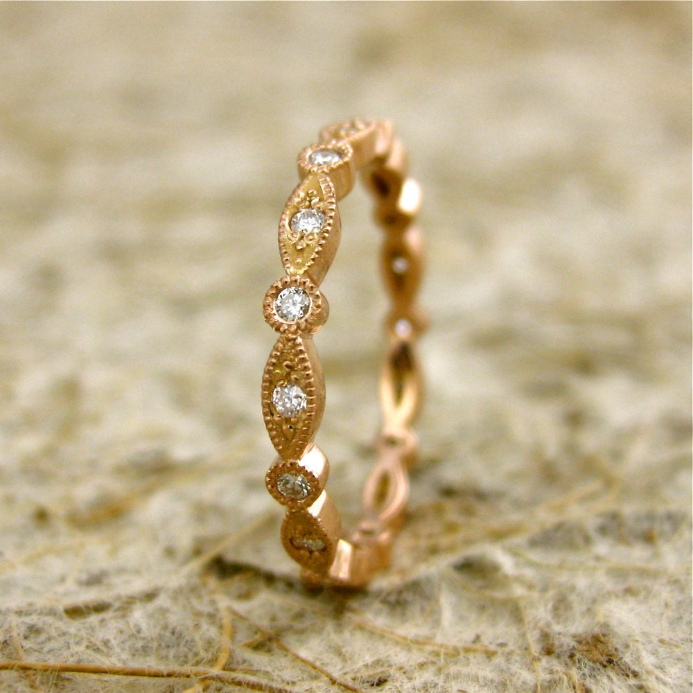Custom Made Shield & Round Diamond Wedding Ring in 14K Rose Gold with Antiquing Size 6