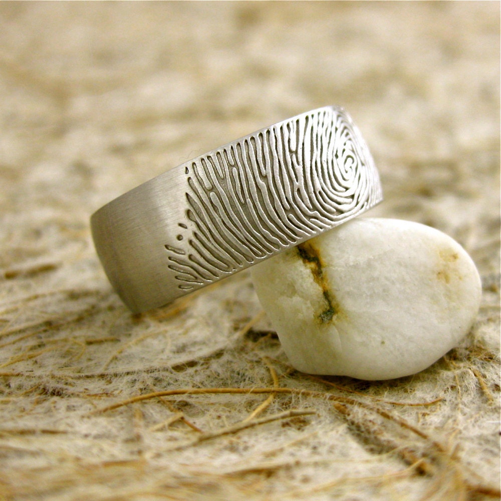 Custom Made Wedding Band in 14K White Gold with Fingerprint Engraving with Matte or Brushed Finish Size 9/8mm