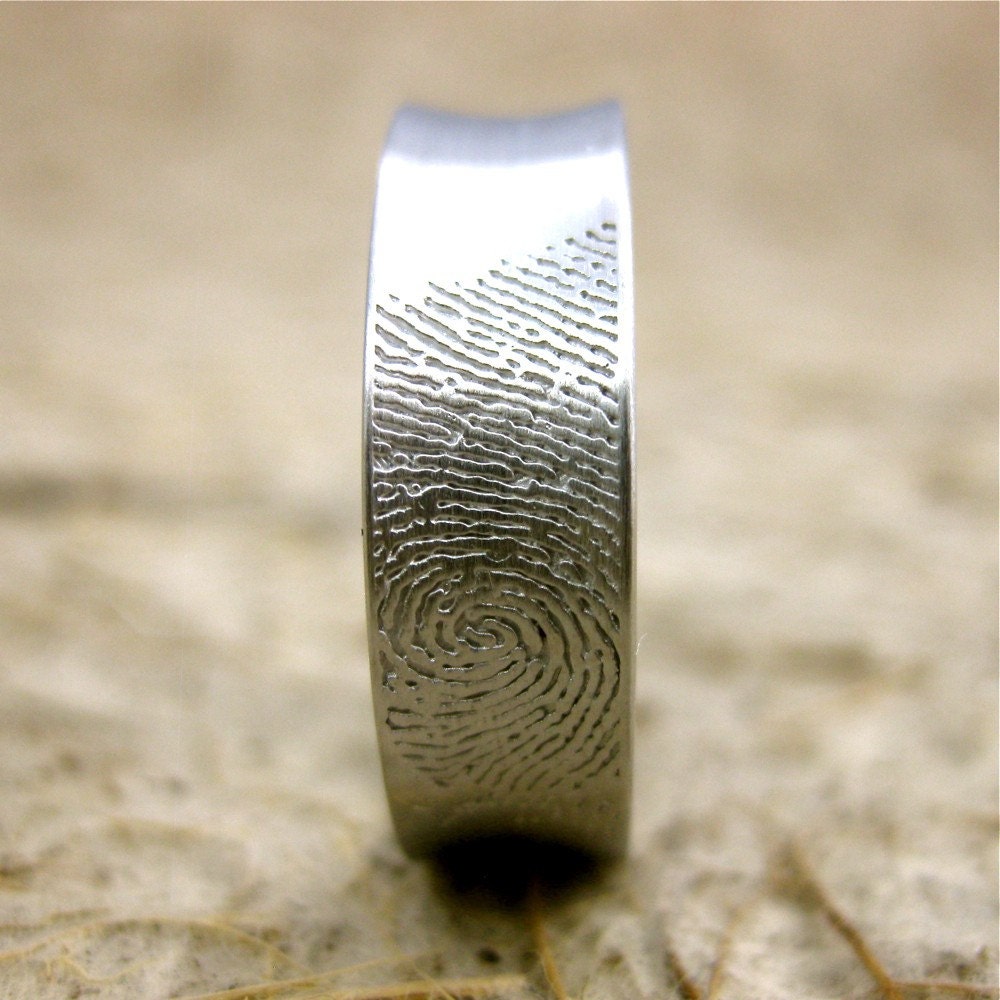 Personalized Finger Print Wedding Ring in 14K White Gold with Concave Surface and Matte Finish Size 8/6mm
