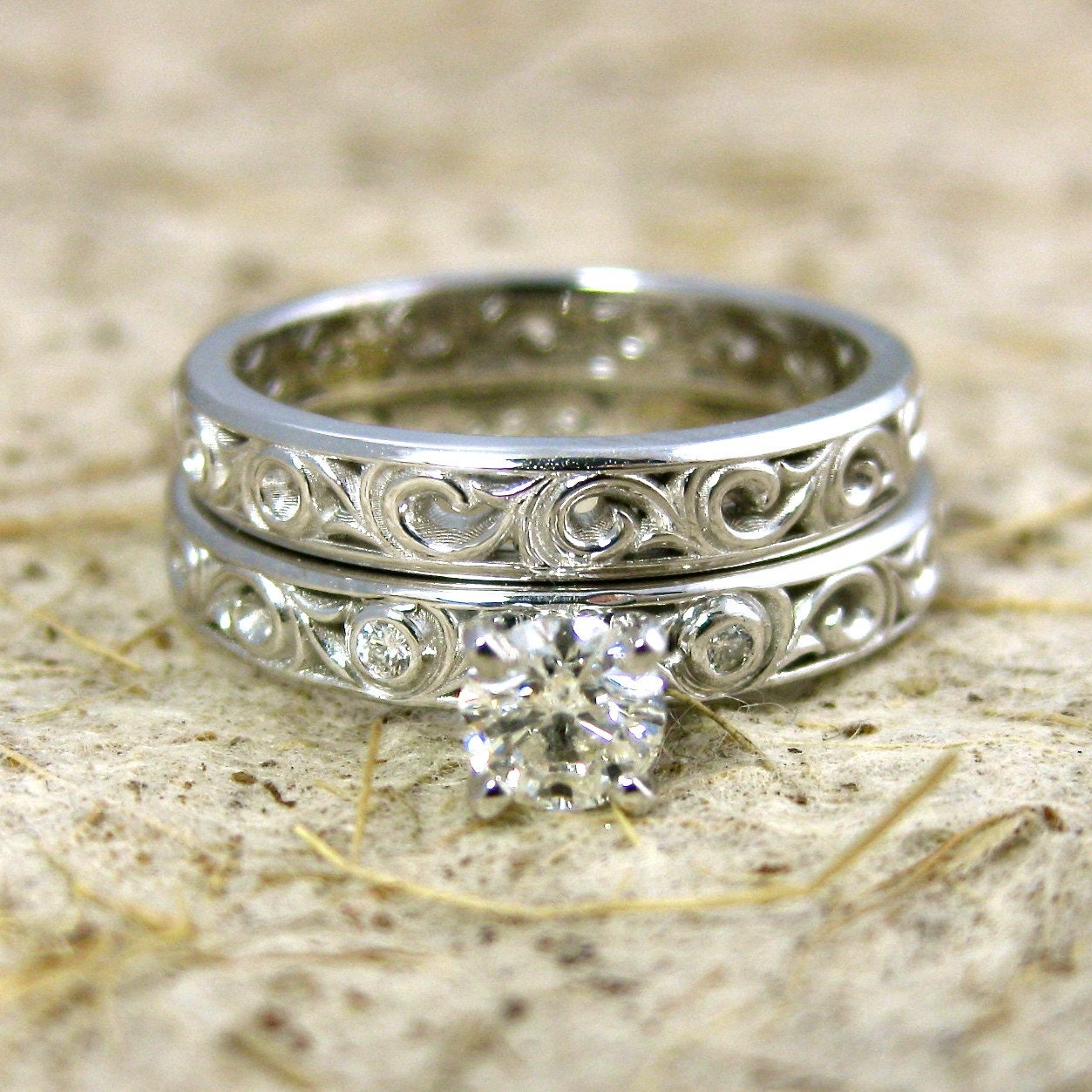 Custom Built Round Diamond Engagement Ring in 14K White Gold with Scrolls and 4 Prong Setting
