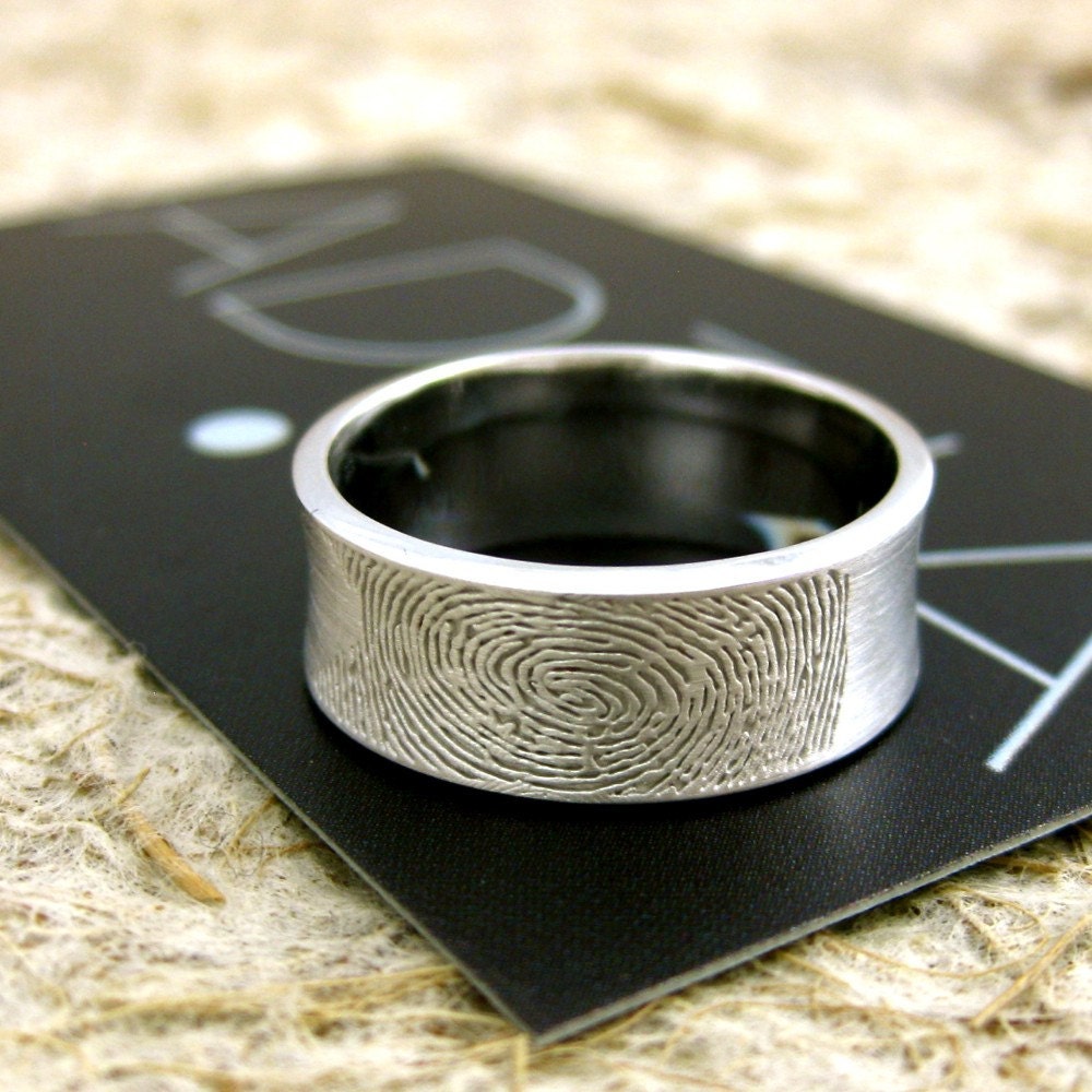 Custom Made Concave Finger Print Wedding Ring in 14K White Gold with Matte Finish Size 8.5/8mm