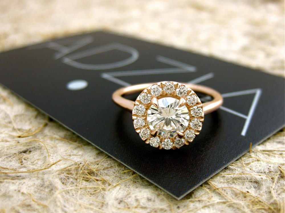 Handmade Round Moissanite and Diamond Engagement Ring in 14K Rose Gold - Other Gems and Colors Available