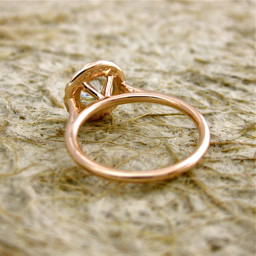 Handmade Round Moissanite and Diamond Engagement Ring in 14K Rose Gold - Other Gems and Colors Available